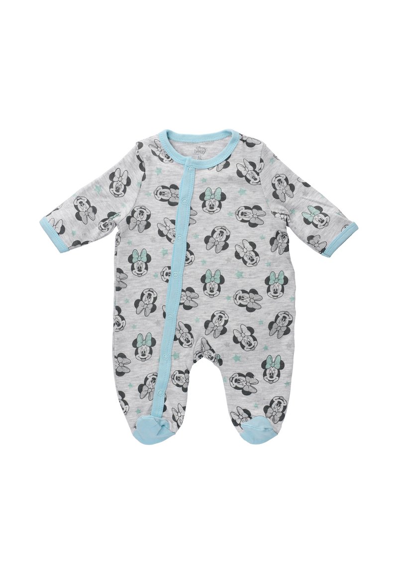Szary kombinezon dla niemowląt z jasnoniebieskimi wykończeniami; posiada nadruk z postaciami i gwiazdami; wykonany z miękkiego materiału z zapięciem na zatrzask.