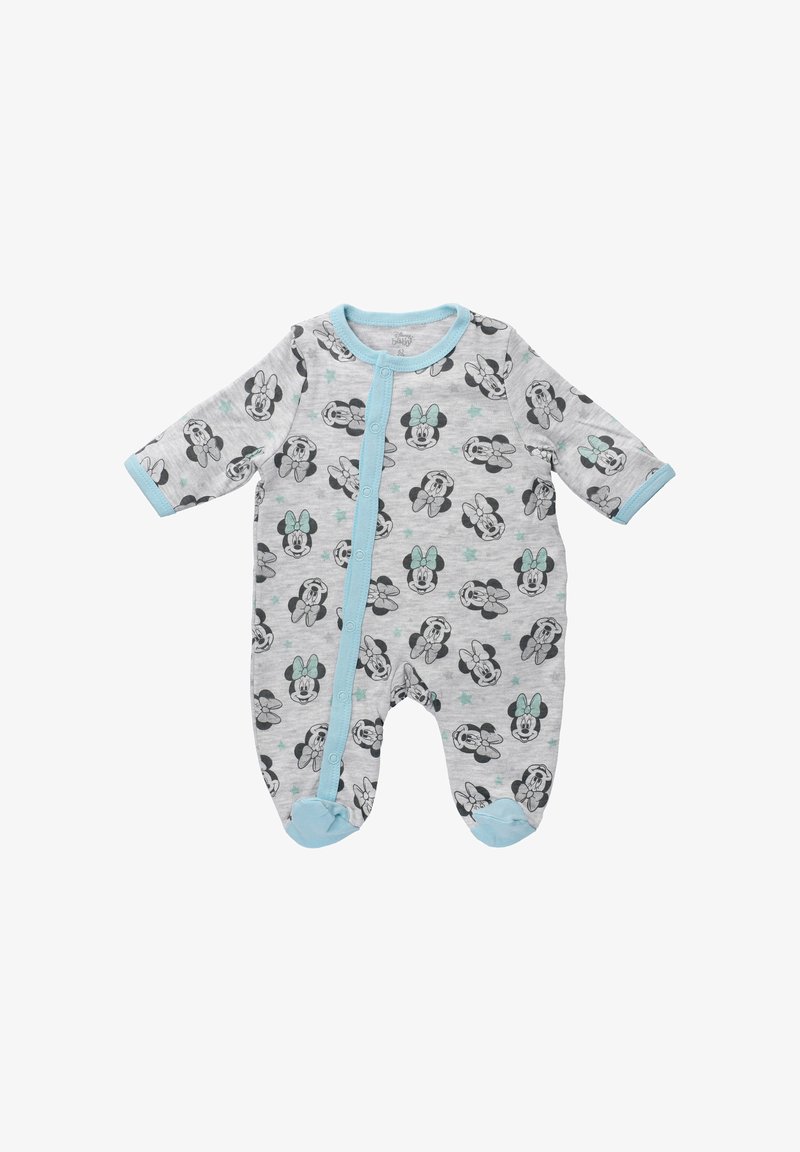 Szary kombinezon dla niemowląt z jasnoniebieskimi wykończeniami; posiada nadruk z postaciami i gwiazdami; wykonany z miękkiego materiału z zapięciem na zatrzask.