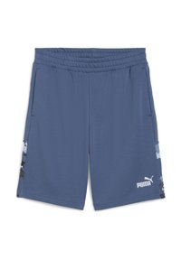 Pantalones cortos deportivos azules con cinturilla elástica, bolsillos laterales y un panel lateral decorado con acentos en negro, gris y blanco.
