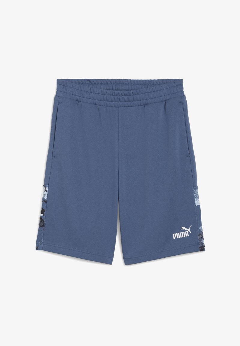 Mėlynos sportinės šortai su elastinga juosta, šoniniais kišenėmis ir raštuota šonine juosta, kurioje yra juodų, pilkų ir baltų akcentų.