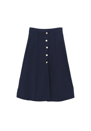 Jupe trapèze bleu marine en tissu doux, avec une taille haute, six boutons métalliques sur le devant, et des détails de coutures discrètes.