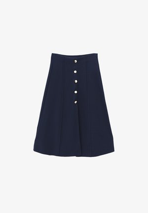 Jupe trapèze bleu marine en tissu doux, avec une taille haute, six boutons métalliques sur le devant, et des détails de coutures discrètes.