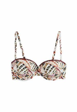 Top bikini con ferretto, stampa astratta a foglie multicolore e sottili spalline regolabili su sfondo bianco.