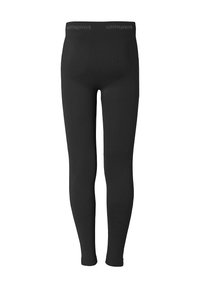  Sorte atletiske tights lavet af glat, strækbart stof. Har et bredt, mærket taljebånd og en tætsiddende design med forstærkede sømme.