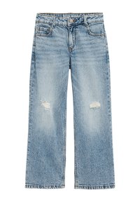 Vaqueros de mezclilla de color azul claro con cintura alta, piernas rectas y pequeños desgastes en ambas rodillas.