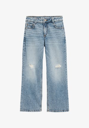 Plytai mėlynos džinsinės kelnės su aukštu liemeniu, tiesiomis kojomis ir mažomis nusidėvėjimo vietomis abiejuose keliuose.