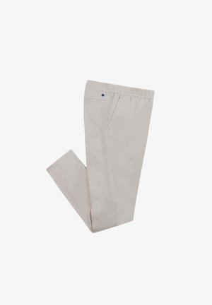 Beige Leinenhosen mit einem elastischen Bund, seitlichen Taschen und einem kleinen blauen Akzentlogo in der Nähe des Bundes. Gerades Bein Design.