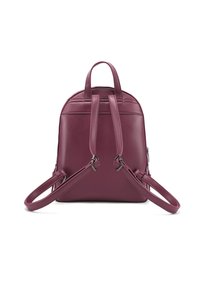 Zaino in pelle bordeaux con parte superiore arrotondata, doppie spalline e manico superiore. Presenta hardware argento e cuciture senza soluzione di continuità.