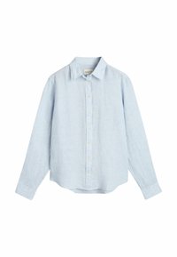 Chemise bleu clair à manches longues avec col et boutons, présentée à plat sur un fond blanc.
