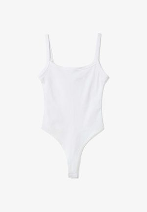 Body blanc sans manches avec fines bretelles et un décolleté droit, présenté sur un fond blanc uni.