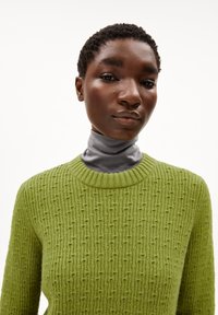 Groene gebreide trui met een gestructureerd patroon, voorzien van een ronde halslijn en lange mouwen, gelaagd over een lichtgrijze coltrui.