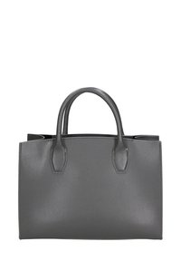 Grijze leren handtas met een gestructureerd ontwerp, twee handvatten aan de bovenkant, een textuur oppervlak en contrasterende stiksel langs de randen.