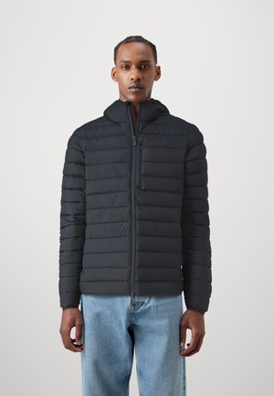 Black puffer jacket with a hood, zip closure, and horizontal stitching. Features a chest pocket and is made of a lightweight, smooth material.
