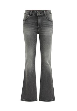 Grau verblasste Jeans mit hoher Taille, vorderer Knopfleiste, Taschen, Gürtelschlaufen und ausgestellten Beinen.