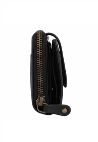 Black leather wallet with a textured finish, gold-tone zipper, side access, and snap closure, featuring multiple card slots and compartments.