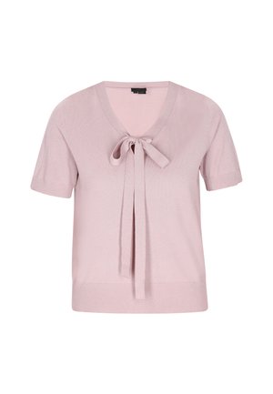 Bluză tricotată cu mânecă scurtă, de culoare roz deschis, cu decolteu în V și detaliu de legare în față. Dispune de un tiv cu nervuri și o textură netedă.