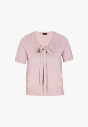 Gebreide top met korte mouwen in zachtroze, met een V-hals en een strikdetail aan de voorkant. Heeft een geribde zoom en een gladde textuur.