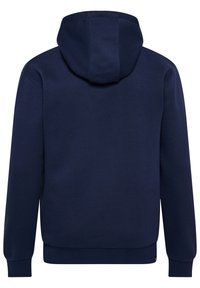 Dunkelblaues Kapuzenpullover mit weicher Textur, langen Ärmeln, gerippten Bündchen und einer Kängurutasche auf der Vorderseite. Minimalistisches Design.