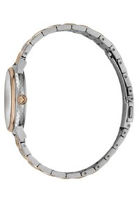 Õhuke hõbedane ja kuldne käekell tekstuurse küljega ning metallist lingi käevõruga, nähtav küljelt, kus on kroon ja klamber.