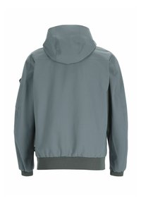 Halljas hall kapuutsiga jakk, millel on sile tekstuur, elastne vöökoht ja mansetid. Omab minimalistlikku disaini ja mingeid nähtavaid brände ei ole.