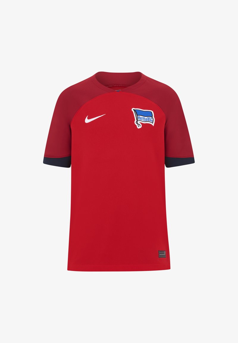 Maglietta Nike rossa a maniche corte con colletto tondo, caratterizzata da bordi blu navy e lo stemma "Hertha BSC". Realizzata in tessuto leggero.