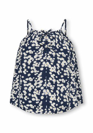 Navy blue sleeveless dress with white daisy floral print and two decorative bows on front straps.