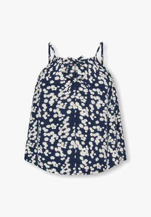 Granatowa sukienka bez rękawów z białym nadrukiem stokrotek i dwoma dekoracyjnymi kokardkami na przednich ramiączkach.