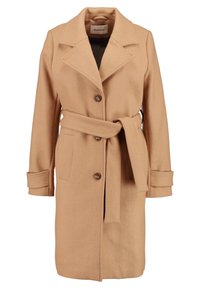 Manteau beige en mélange de laine avec col à revers, boutons sur le devant, ceinture à la taille et deux poches latérales. Texture douce et coupe ajustée.