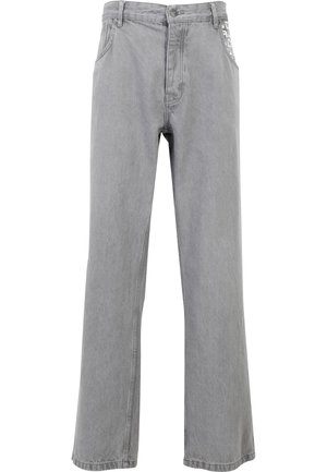 Pilkos džinsinės kelnės su laisvu kirpimu, turinčios klasikinį penkių kišenių dizainą, mygtukų užtraukiklį ir subtilų logotipą priekinėje kišenėje.