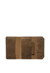 Bruine leren portefeuille met een gladde en gestructureerde afwerking, voorzien van meerdere kaartsleuven en een kliksluiting, gepresenteerd in een open positie.