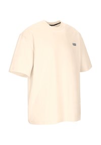 Beige T-shirt met korte mouwen en kleine marineblauwe tekst "Summer Vibes" op de linkerborst, ronde hals en een ontspannen pasvorm.