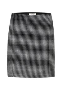 Zwart-grijs houndstooth patroon mini rok met een rechte snit en tailleband, weergegeven op een witte achtergrond.