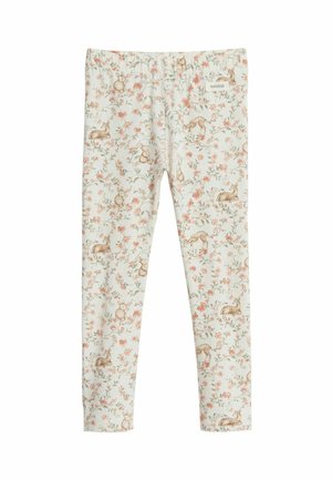Leggings aus weichem Stoff, mit einem cremefarbenen Hintergrund und einem Blumenmuster sowie Illustrationen von Tieren in Hellbraun. Mit elastischem Bund.