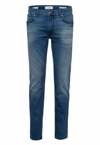 Pantalones vaqueros de mezclilla azul oscuro con un corte ajustado, diseño de cinco bolsillos, sutiles desvanecidos, detalles cosidos y una cintura diseñada con cierre frontal de botón.