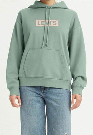 Person wearing sage green Levi's hoodie with front pocket and blue jeans with slight distressing on the thigh.