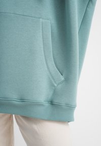 Hoodie verde menta realizzato in tessuto morbido, con tasca a marsupio, polsini e orlo a costine. Texture liscia senza motivi visibili.