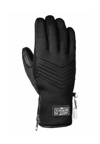 Black winter glove with synthetic material, padded texture, and elasticized cuff. Features a zip closure and chevron pattern on the back.
