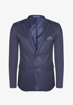 Navy blazer with a smooth texture, single-breasted design, two buttons, notch lapels, and a patterned pocket square in the breast pocket.