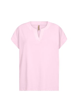Light pink short-sleeve blouse with a V-notch round neckline and a relaxed fit.
