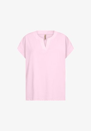 Blusa rosa chiaro a maniche corte con scollatura tonda a V e vestibilità comoda.