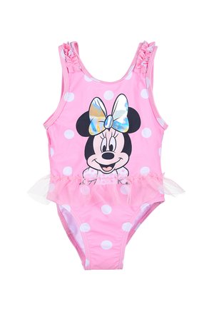 Pink toddler swimsuit with white polka dots, ruffled shoulders, tutu skirt, and Minnie Mouse face with a shiny silver bow on front.