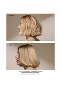 Avant : cheveux blonds ondulés et non lavés, de longueur moyenne. Après : cheveux blonds lisses, droits et brillants. Les deux images montrent des profils latéraux sur des arrière-plans neutres.