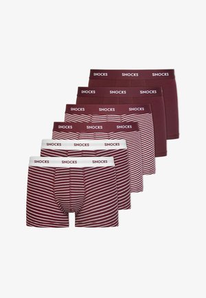 Set aus sechs bordeauxfarbenen Boxershorts mit einem weißen Logo-Gummibund. Zwei Paare haben horizontale weiße Streifen; die anderen sind einfarbig bordeauxfarben.