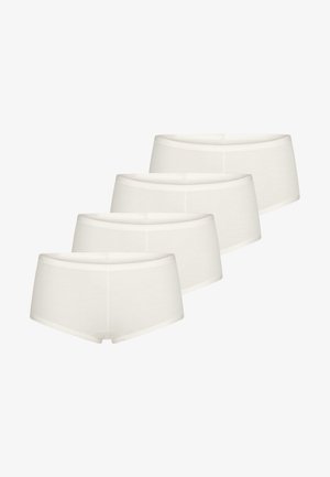 Fire ensfarvede hvide sømløse hipster-onderdele til kvinder arrangeret i en diagonal linje på en hvid baggrund.