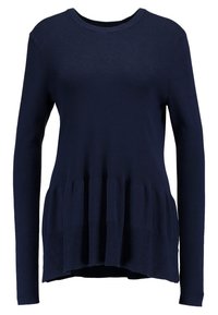 Pull à manches longues bleu marine avec une texture côtelée et un ourlet évasé. Présente un décolleté rond et des manches ajustées.