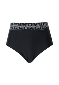 Costume da bagno nero a vita alta con elastico a cintura a zigzag. Materiale morbido, texture liscia, adatto per l'abbigliamento da bagno.