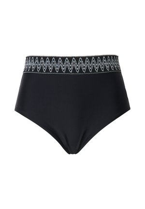 Černé plavkové dno s vysokým pasem a elastickým pasem se zigzag vzorem. Měkký materiál, hladká textura, vhodné na plavání.