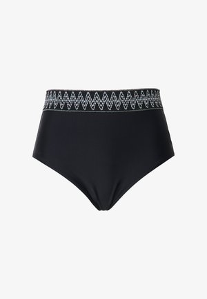 Parte inferior de bikini negra de tiro alto con cinturilla elástica de patrón en zigzag. Material suave, textura lisa, adecuada para trajes de baño.