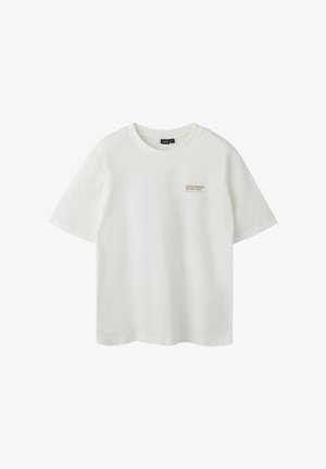 Hvid T-shirt med korte ærmer, rund halsudskæring og lille beige tekst "San Diego Surf Co." på venstre bryst.