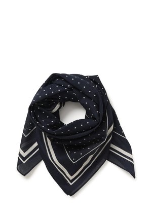 Navy blue square scarf folded with white polka dots and double white chevron stripes on the borders.